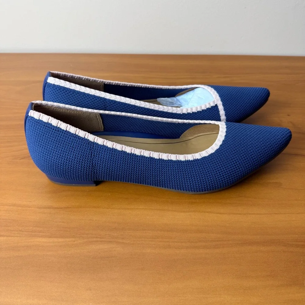 Vionic Dahlia Blue Knit Pointed Toe Flats Pink Trim Womens 11 Orthotic Comfort